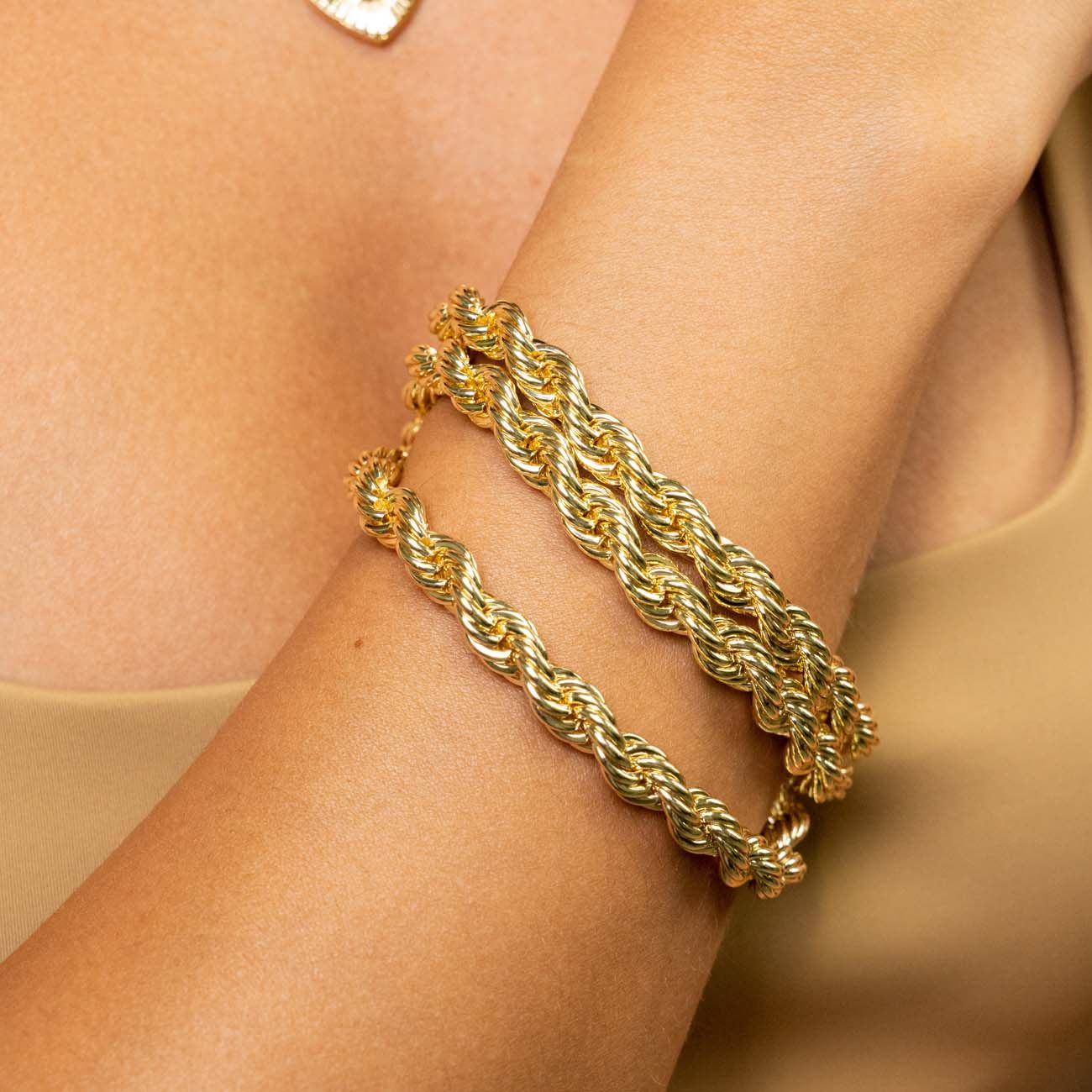 Real 14K Yellow Gold Double Row Rope Chain Bracelet 7